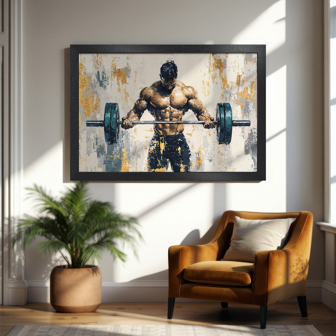 Framed Poster of a weightlifter in an abstract style. Earthy tones with gold and teal accents. Perfect for gym decor!