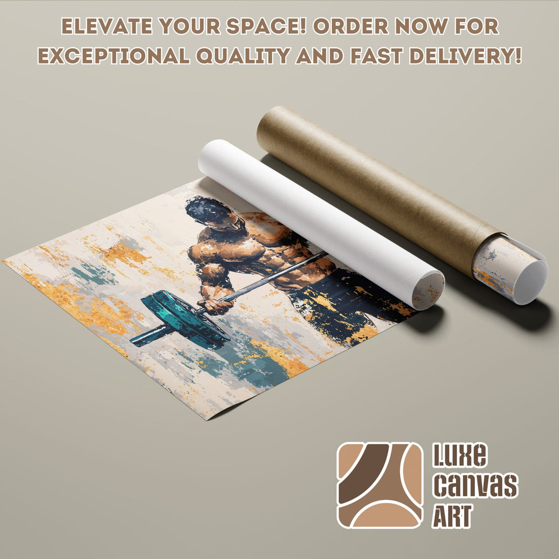 Abstract style Poster Roll featuring a weightlifter, earthy tones, and vibrant teal accents. Order yours today!