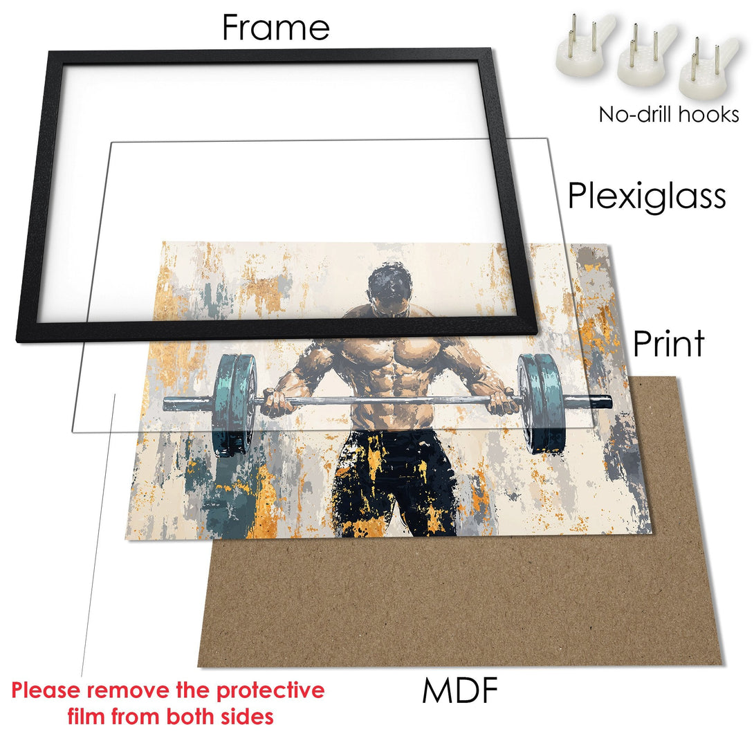 Framed Poster featuring a muscular weightlifter in an abstract style with a neutral and gold color palette. Perfect for gym decor!