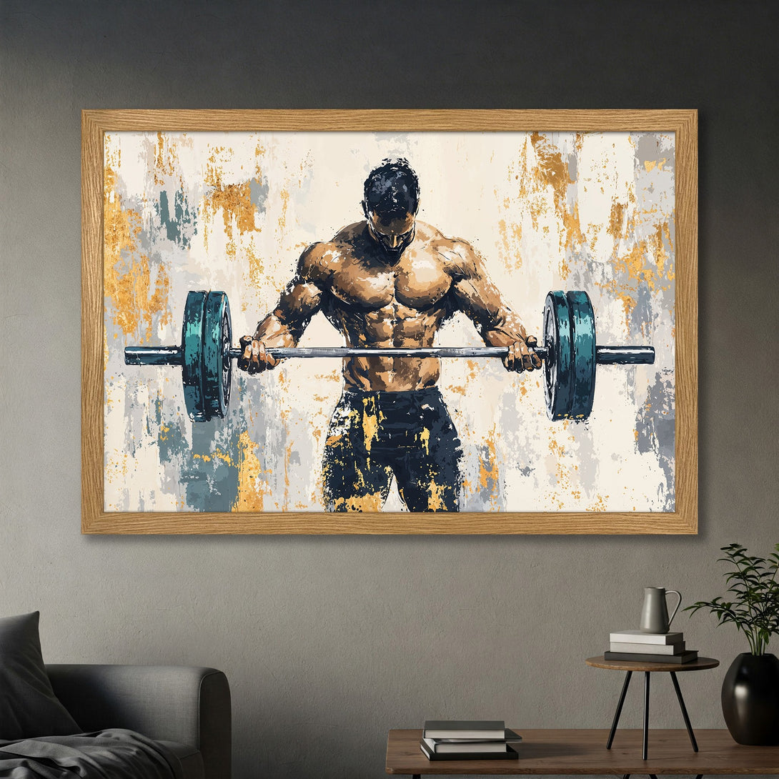 Framed Poster of a weightlifter in an abstract style. Featuring a brown, gold, and blue color palette. Perfect gym decor!