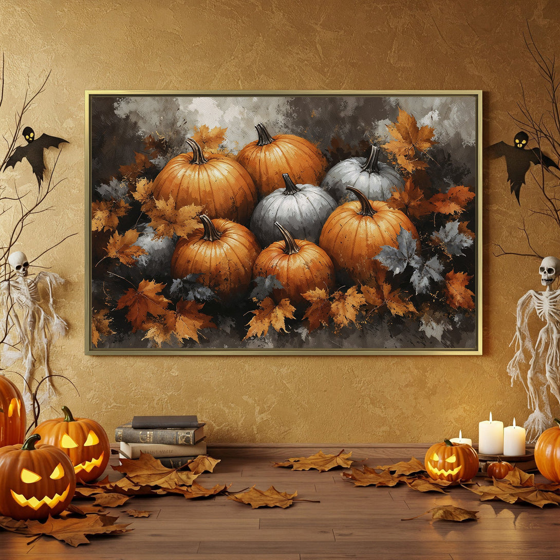 Canvas Print of autumnal pumpkins in a moody, painterly style. Warm orange, gray, and brown color palette, perfect for Halloween decor.