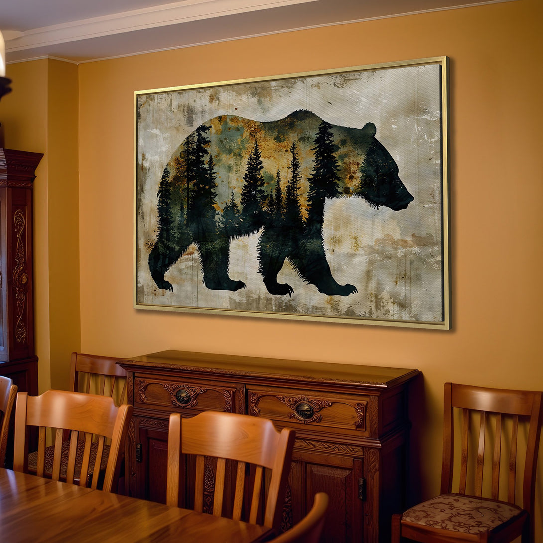 Canvas Print featuring a bear silhouette with a forest scene, rustic style, neutral and earthy tones. Perfect for living room decor.