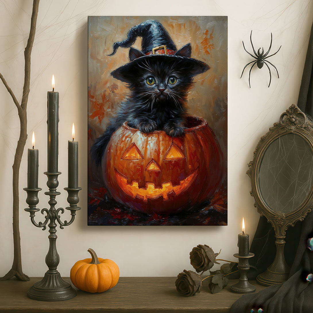Framed Wall Art: Adorable black cat in witch hat inside a carved pumpkin. Warm autumn color palette, perfect for Halloween decor. Add a touch of whimsy!