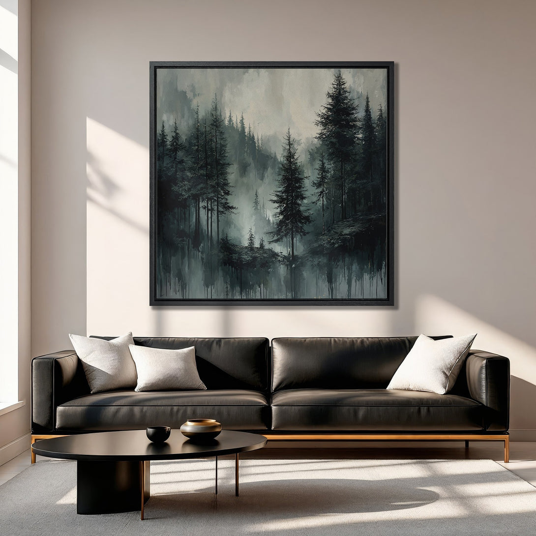 Framed Wall Art featuring a moody forest scene in grayscale tones. Enhance your living room with this stylish Canvas Print, perfect for modern decor.