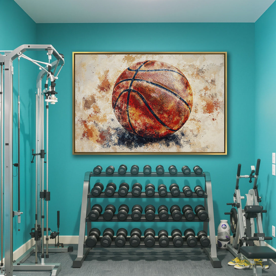 Canvas Print featuring a watercolor-style basketball in warm orange and brown tones. Modern wall art perfect for a gym or sports-themed space.