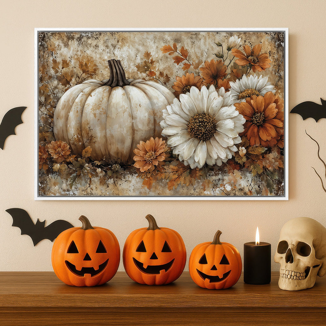 Framed Wall Art featuring a watercolor pumpkin and flowers in warm, earthy tones. Perfect for fall decor and Halloween celebrations.
