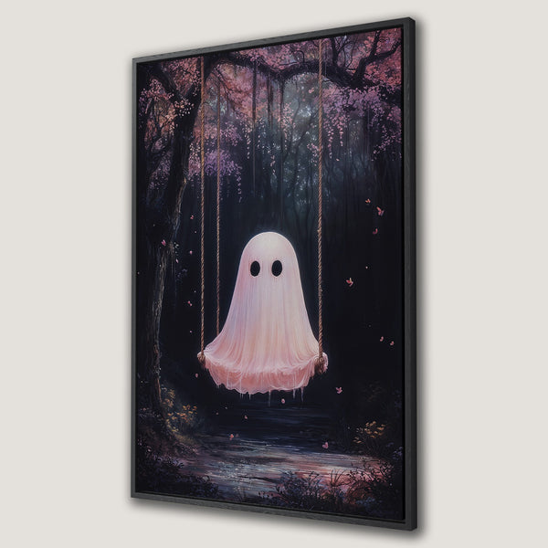 Framed Wall Art featuring a whimsical ghost on a swing in a magical forest. Soft pink and dark blue color palette, perfect for a unique home decor.