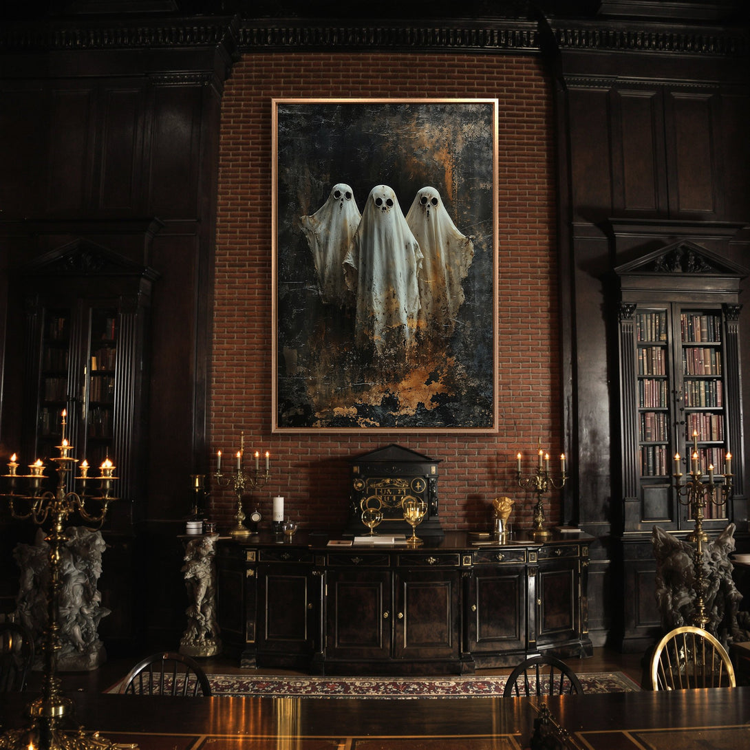 Framed Wall Art featuring spooky ghost figures. Dark, moody color palette with a gothic interior. Perfect Halloween decor!