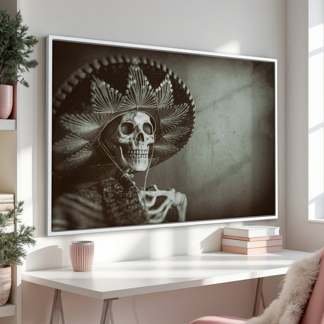 Framed Wall Art: Dia de los Muertos skeleton in sombrero, sepia tones. Unique art for your home decor. Shop now for stylish wall art!