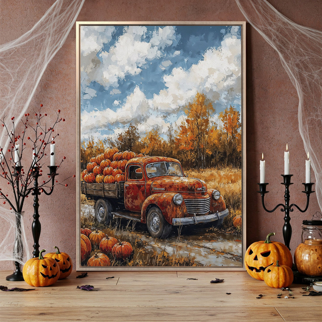 Framed Wall Art featuring a vintage truck loaded with pumpkins, perfect autumn decor. Warm orange, blue, and brown color palette, impressionistic style.