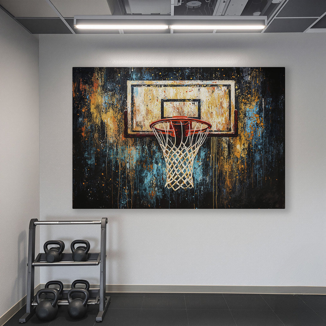 Framed Wall Art: Abstract basketball hoop art in a gym. Bold colors of orange, blue, and black. Perfect for sports fans and home decor.