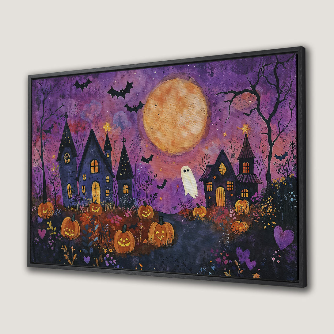 Framed Wall Art: Spooky Halloween scene with pumpkins, haunted houses, and a ghost. Purple and orange watercolor style canvas print for seasonal decor.