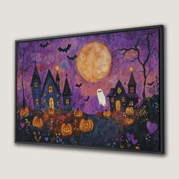 Framed Wall Art: Spooky Halloween scene with pumpkins, haunted houses, and a ghost. Purple and orange watercolor style canvas print for seasonal decor.