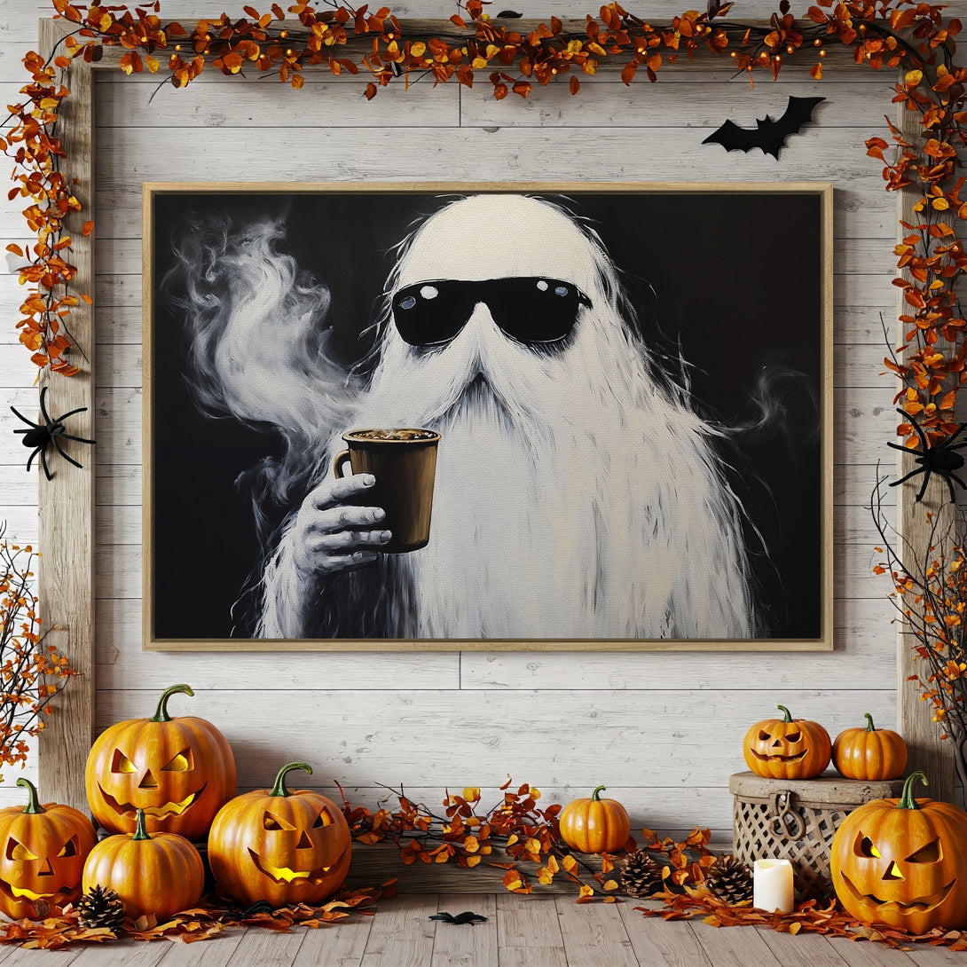 Framed Wall Art: Cool ghost enjoying coffee. Halloween-themed art in black, white, and orange. Perfect for spooky season decor.