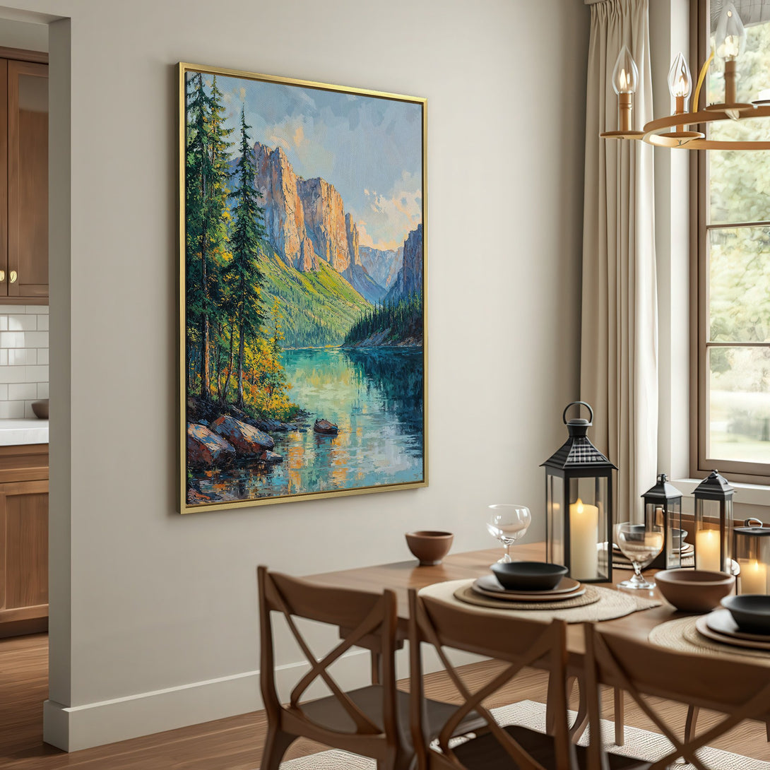 Canvas Print of a mountain lake landscape painting, showcasing a vibrant blue, green, and yellow color palette for a serene home decor.