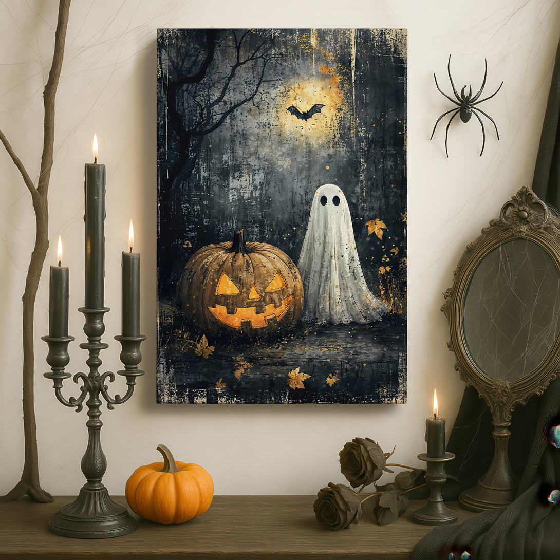 Framed Wall Art: Spooky Halloween scene with a pumpkin and ghost in a dark, moody style. Featuring a black, gold, and orange color palette, perfect for Halloween decor.