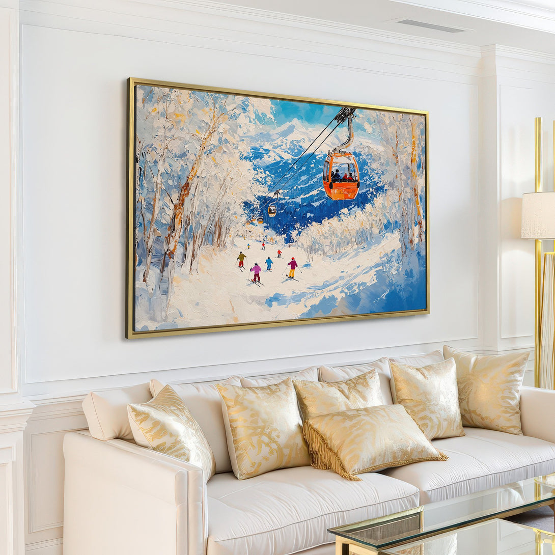 Canvas Print of a vibrant ski scene, featuring a cable car. Impressionistic style with a blue, white, and orange color palette, perfect for adding a pop of color to your home.