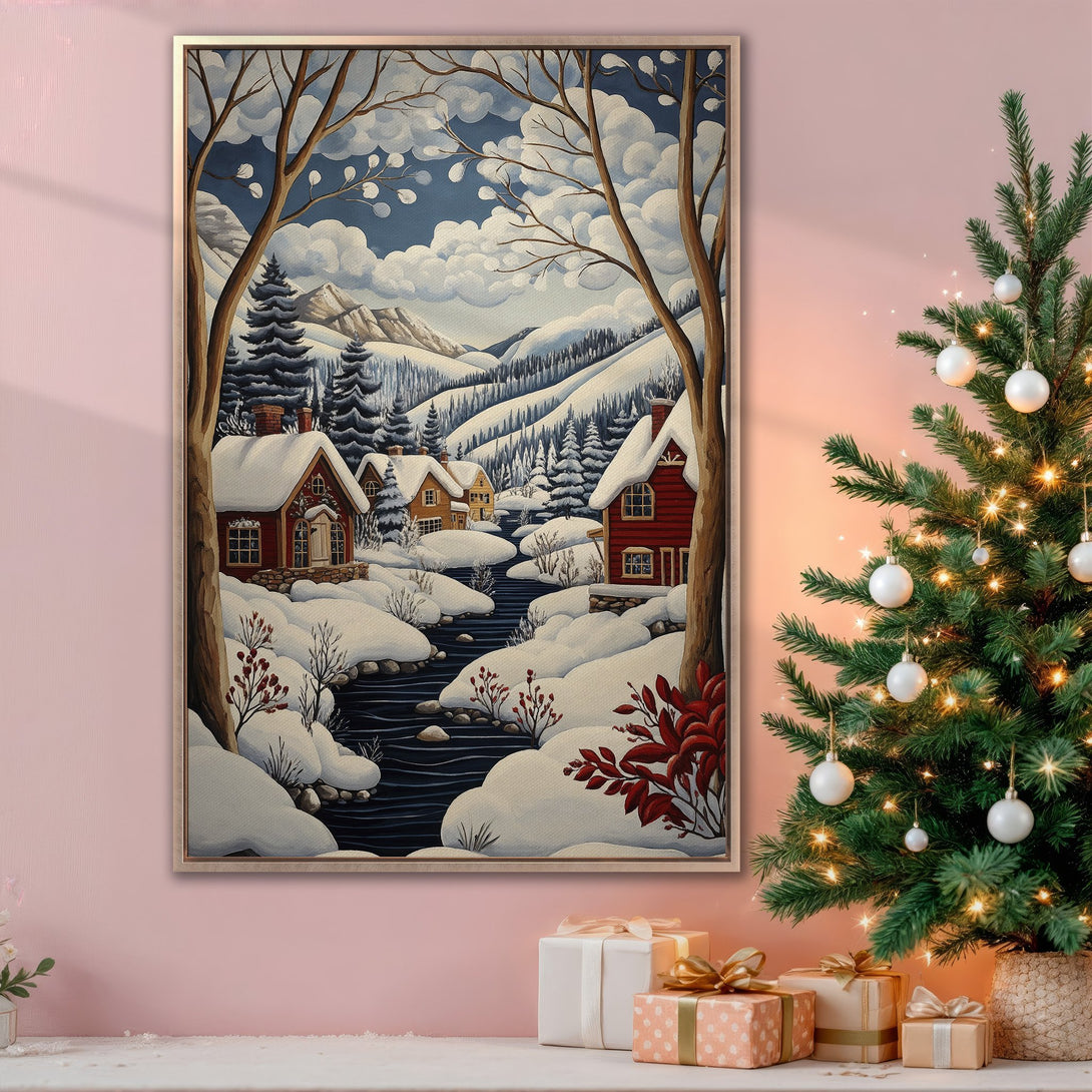Framed Wall Art: Winter landscape painting with snow-covered cabins, trees, and river. Features a blue, white, and brown color palette, perfect for holiday decor.