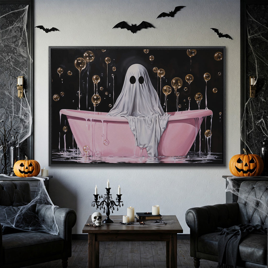 Framed Wall Art: Spooky ghost in a pink bathtub. Modern Halloween decor in black, white, and gold color palette. Add a touch of eerie elegance to your home!