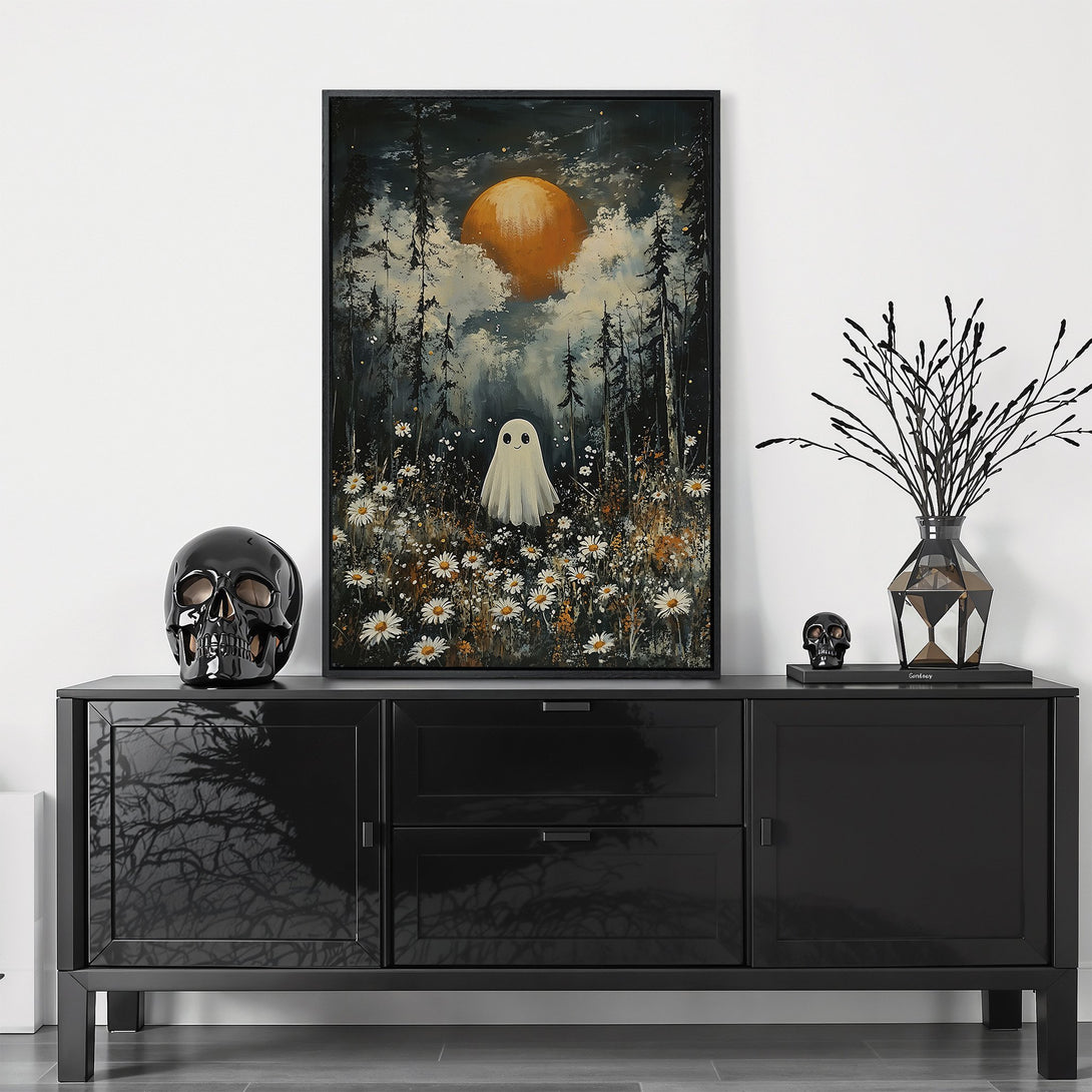 Framed Wall Art featuring a whimsical ghost in a forest, with a moody, dark color palette. Perfect for Halloween decor!