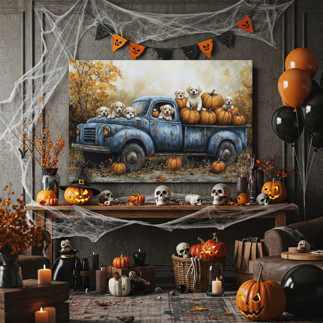 Framed Wall Art: Adorable puppies in a vintage truck filled with pumpkins. Autumnal scene with warm orange and blue hues. Perfect fall decor!