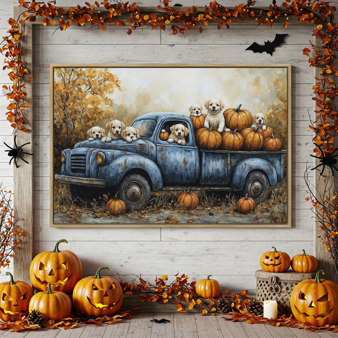 Framed Wall Art: Adorable puppies in a blue truck with pumpkins, autumn colors. Perfect fall decor for your home!
