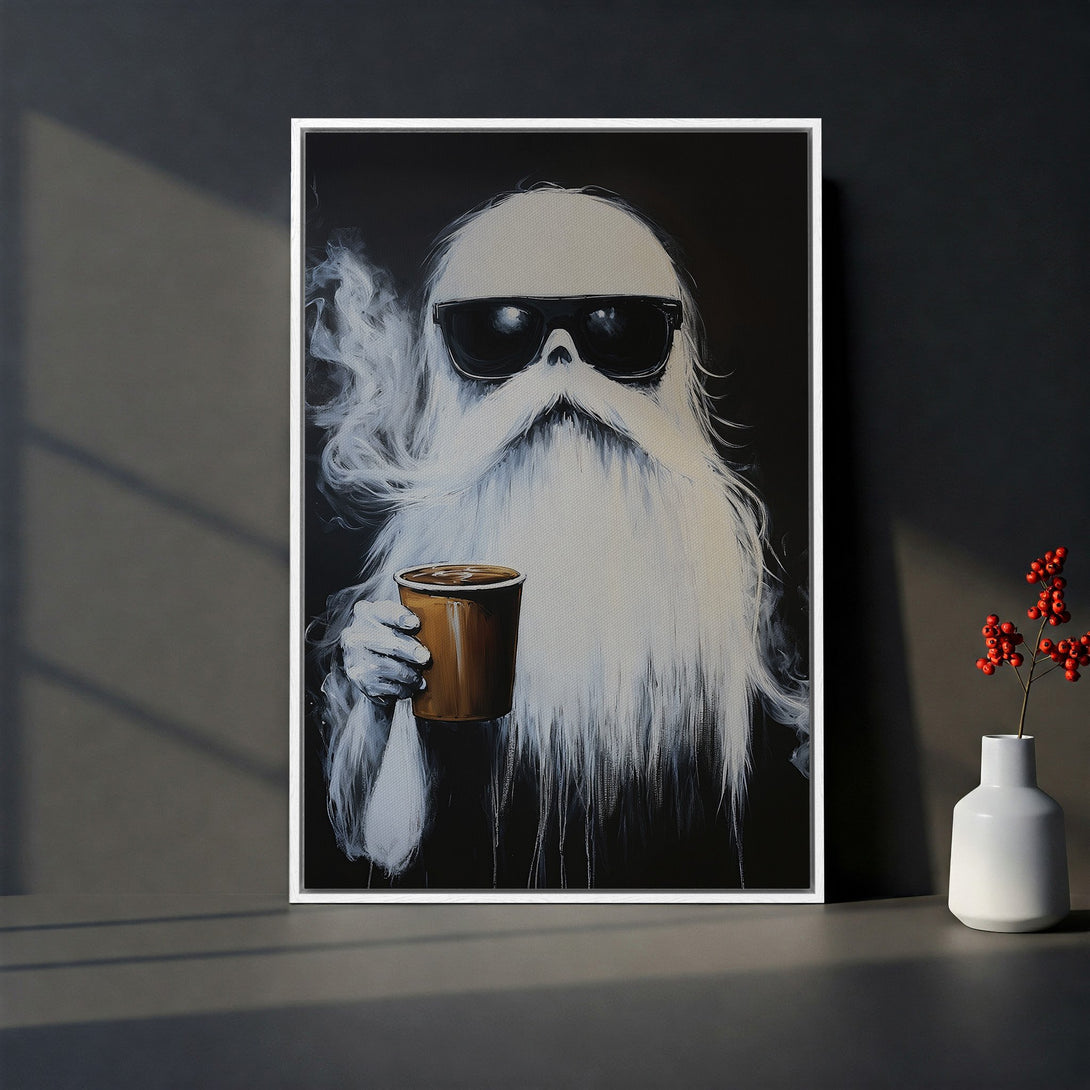Framed Wall Art: Cool Santa with coffee, modern black and white art. Perfect for a unique home decor statement. Shop now!