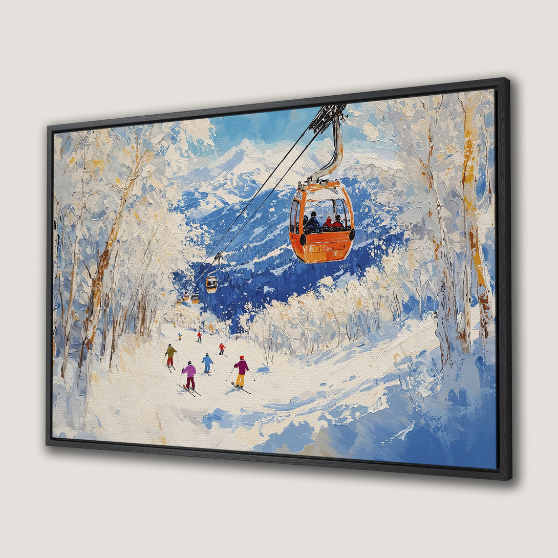 Framed Wall Art featuring a vibrant ski scene with skiers and a gondola, painted in a textured, impressionistic style with blue, white, and orange hues.