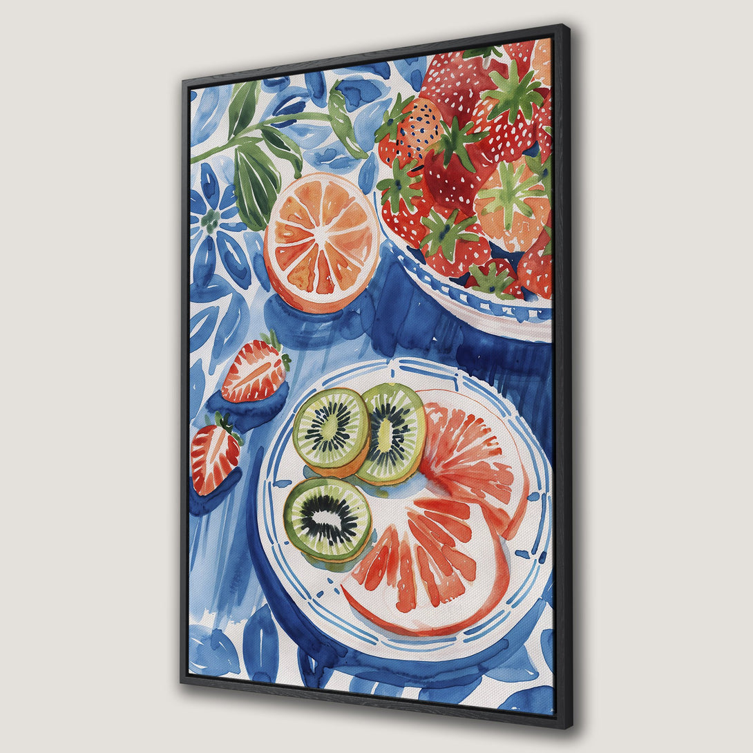 Framed Wall Art of watercolor fruit still life in vibrant blue, orange, and red hues. Perfect kitchen decor! Canvas Print available.