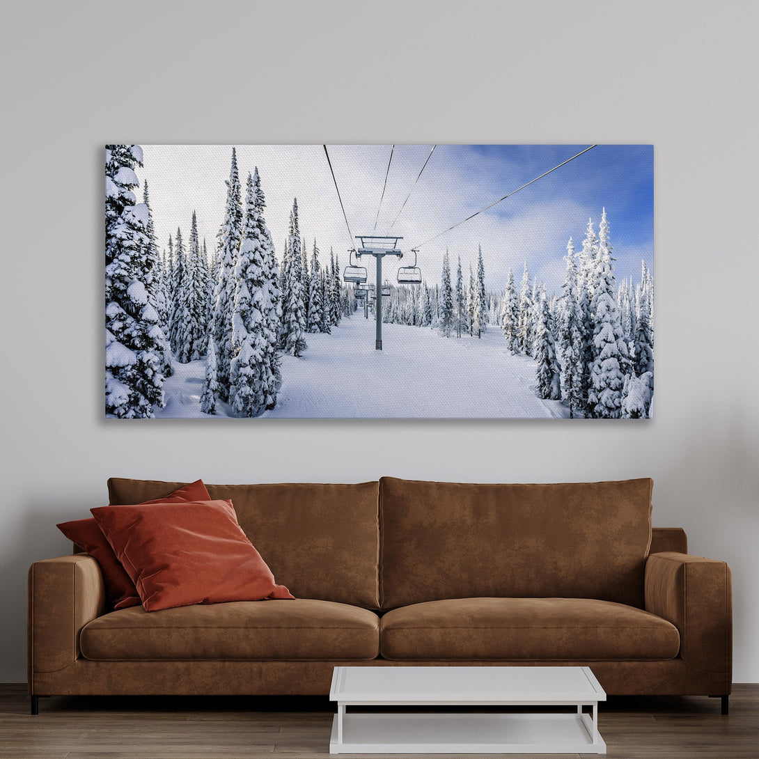 Framed Wall Art: Winter ski slope scene in a cozy interior. Snowy trees and chairlift in a blue and white palette. Perfect for adding a touch of nature.