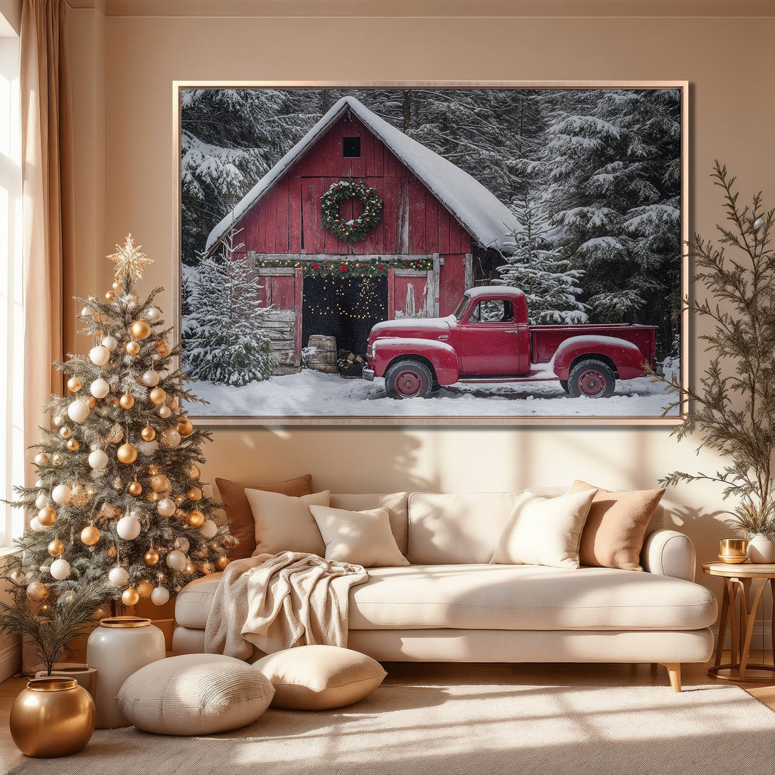 Framed Wall Art: Rustic red truck and barn in a snowy winter scene. Warm, inviting color palette. Perfect holiday decor for your home.