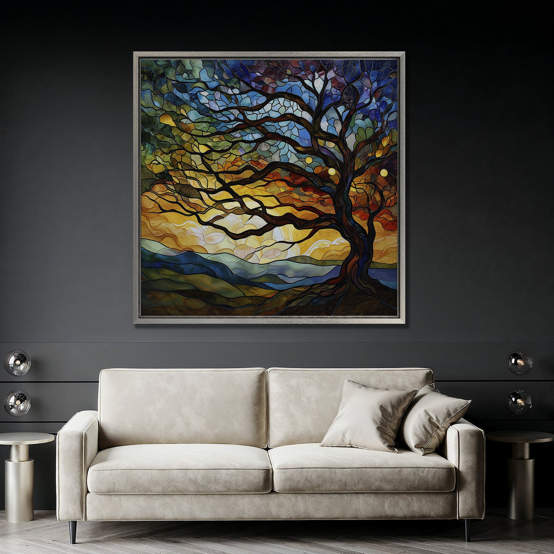 Framed Wall Art: Stained glass tree art in warm sunset colors. Add a touch of nature & artistry to your home with this stunning canvas print.