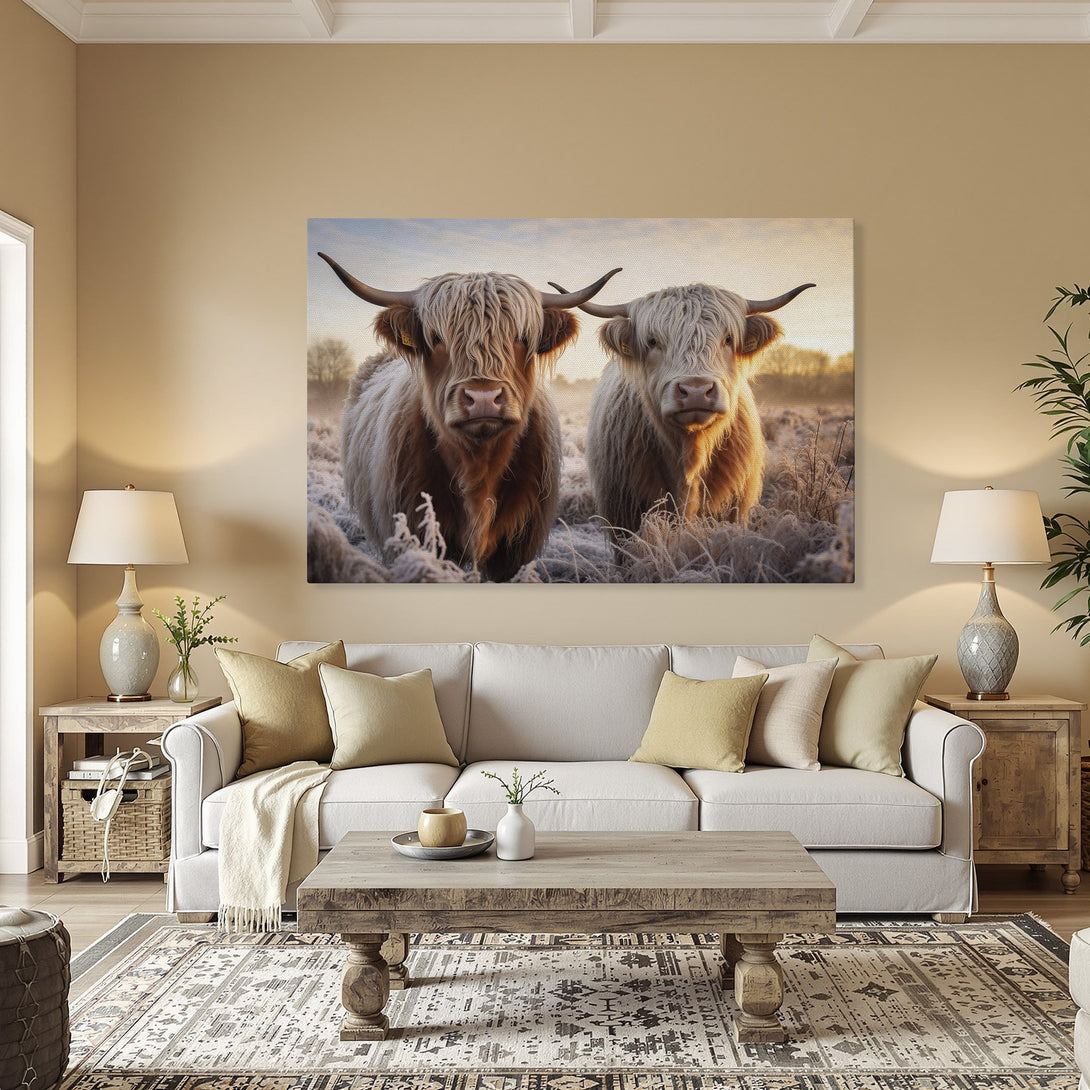 Framed Wall Art: Stunning Highland cows canvas print in warm, rustic tones. Bring the beauty of nature into your home with this captivating artwork.