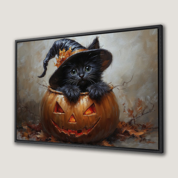 Framed Wall Art: Adorable black cat in a Jack-o'-lantern with witch hat. Warm orange, brown, and beige color palette, perfect for Halloween decor.