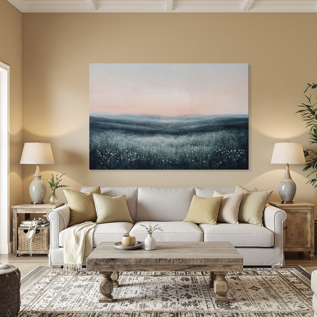 Framed Wall Art: Landscape Canvas Print in a dining room. Features a serene meadow scene with blue, green, and pink hues. Perfect home decor.