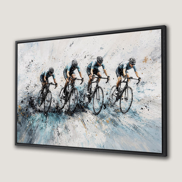Framed Wall Art: Abstract cycling art print in blue, black, and white. Dynamic artwork for modern home decor. Shop now!