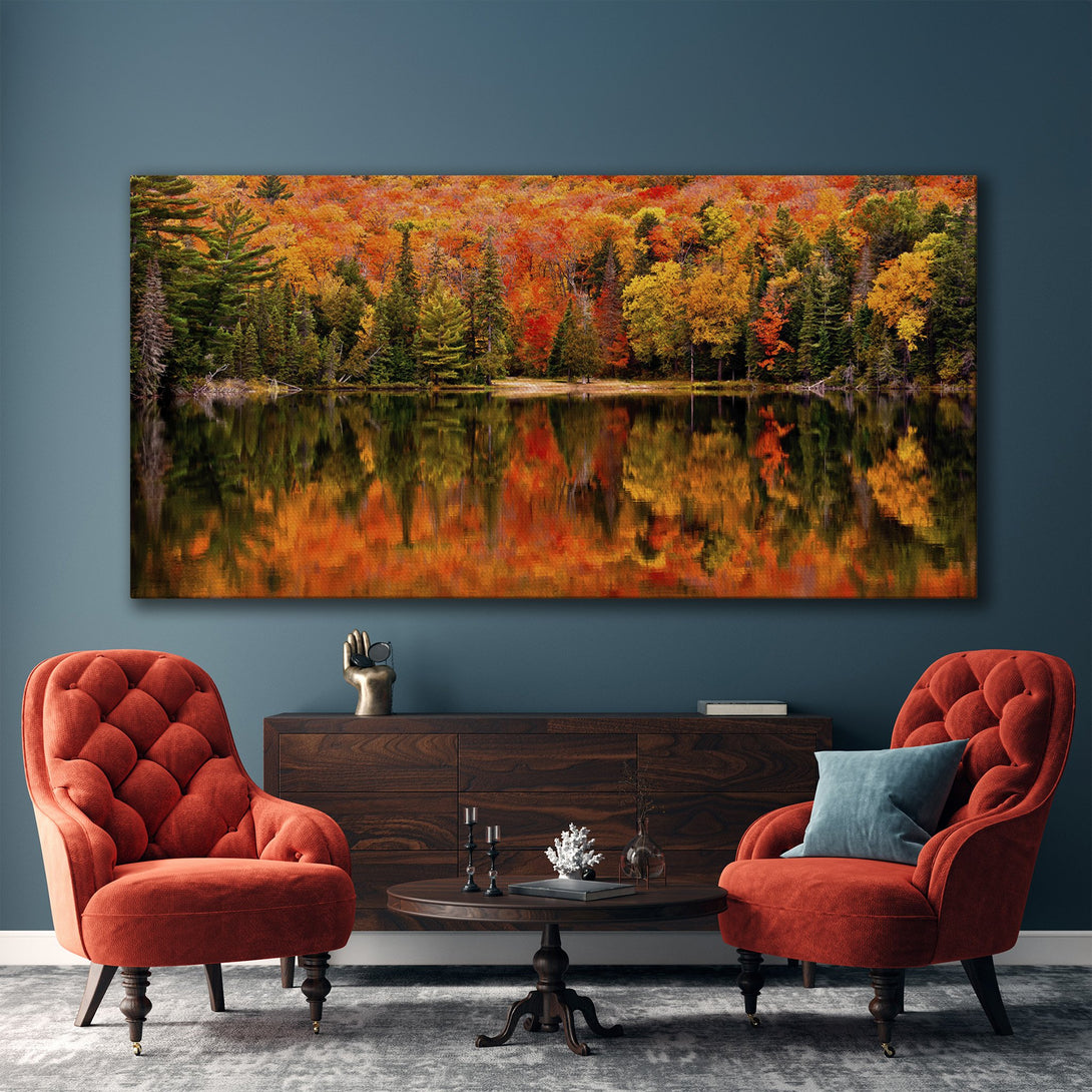 Framed Wall Art: Stunning autumn landscape Canvas Print with vibrant reds, oranges, and yellows. Perfect for adding warmth and nature-inspired style to your home decor.