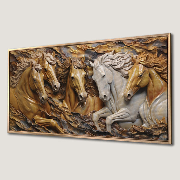 Framed Wall Art featuring a stunning relief of horses in warm gold and cream tones. Perfect statement piece for any interior!