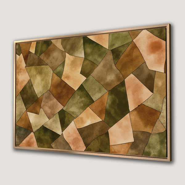 Framed Wall Art featuring an abstract geometric design in earthy tones of green, brown, and beige. Perfect for adding a touch of modern style to your home.