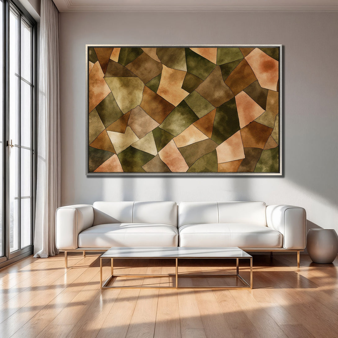 Framed Wall Art: Abstract geometric design in earthy tones of brown, green, and orange. Modern art for living room decor.