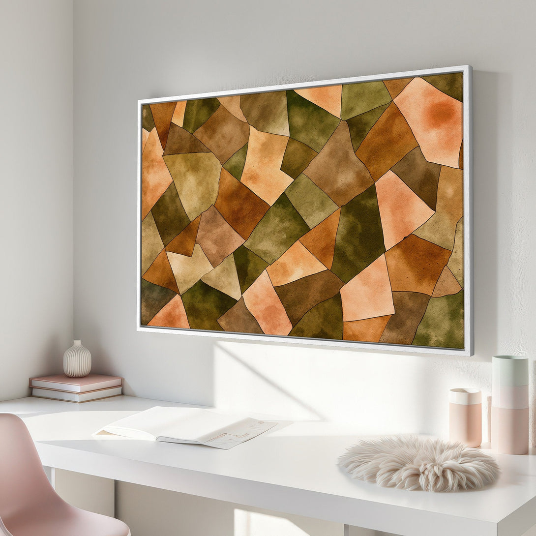 Framed Wall Art featuring an abstract geometric design in warm earth tones. Perfect for adding a touch of modern style to any space!