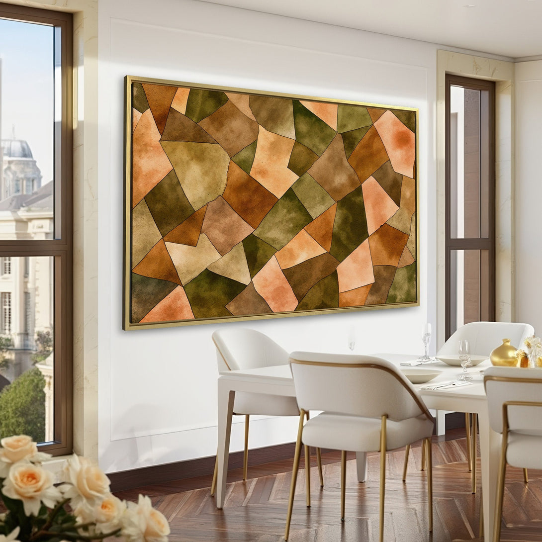 Canvas Print featuring abstract geometric art in earthy tones. Modern wall decor for a stylish home office. Warm color palette.