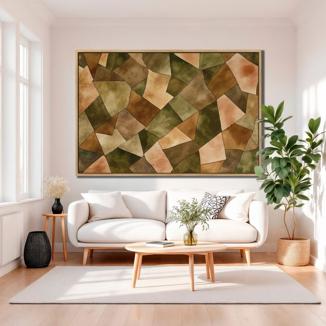 Framed Wall Art: Abstract geometric design in earthy tones. Modern art canvas print with a warm, inviting color palette for living room decor.