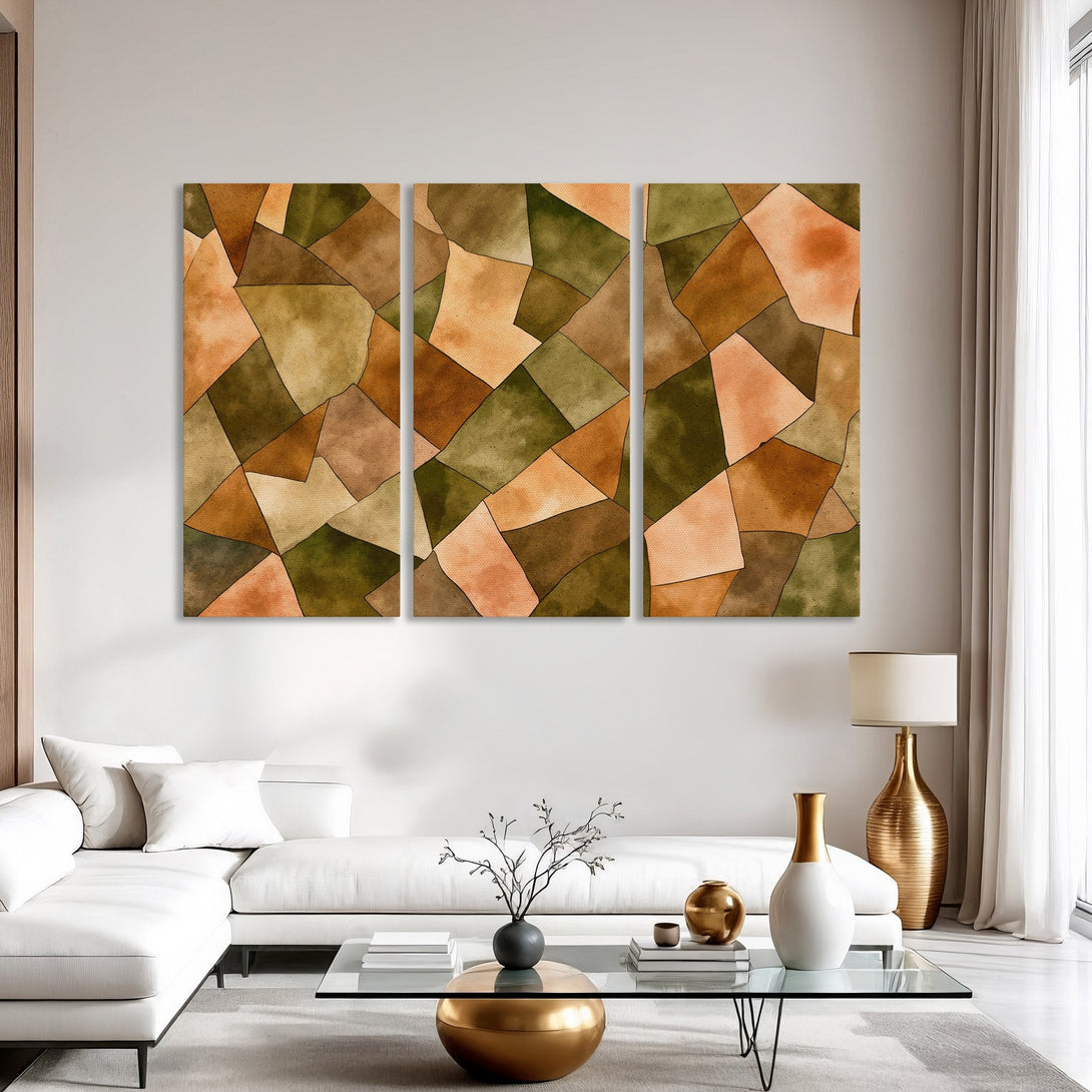 Abstract Canvas Print triptych in warm earth tones of orange, brown, and green. Modern art for living room decor.