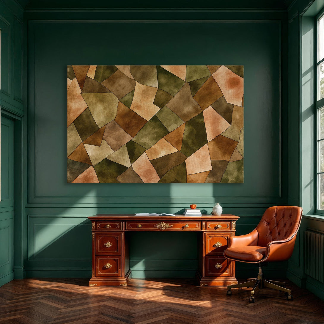 Framed Wall Art: Abstract geometric design in warm earth tones. Elevate your space with this stylish canvas print. Perfect for modern dining rooms!