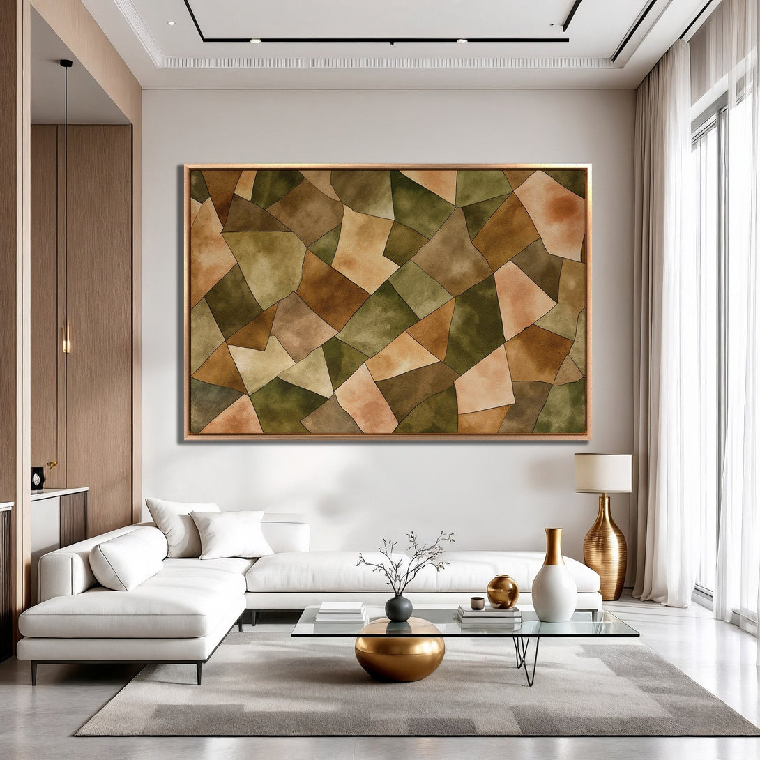 Framed Wall Art featuring an abstract geometric design in earthy tones. Modern decor with a warm, inviting color palette. Perfect for living rooms!