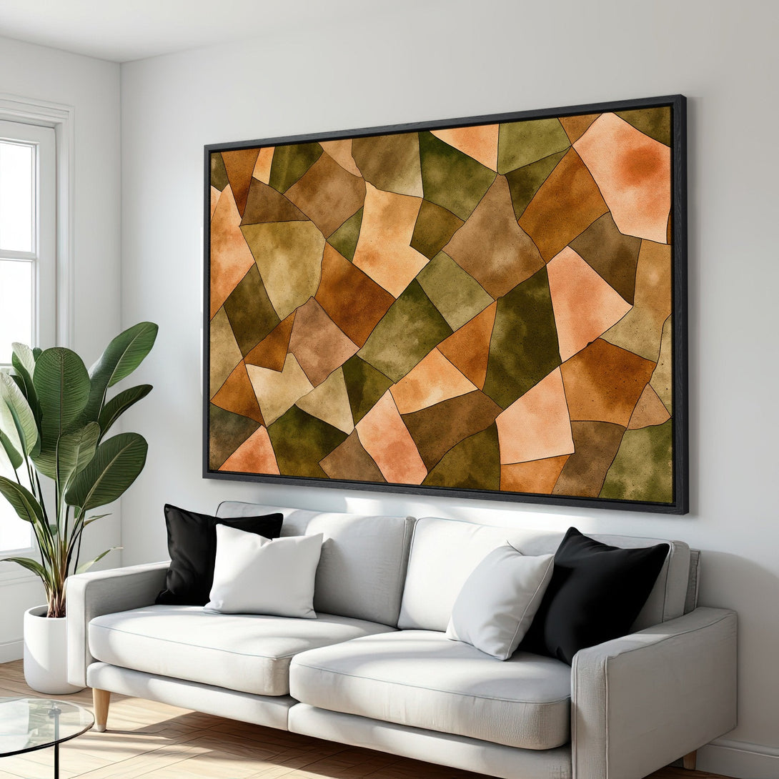 Framed Wall Art featuring an abstract geometric design in warm earth tones. Modern art for living room decor. Enhance your space with this Canvas Print!
