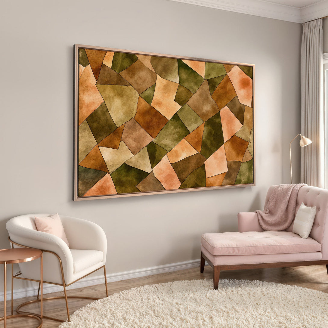 Framed Wall Art: Abstract geometric design in earthy tones of brown, green, and orange. Modern art canvas print adds warmth and style to any interior.