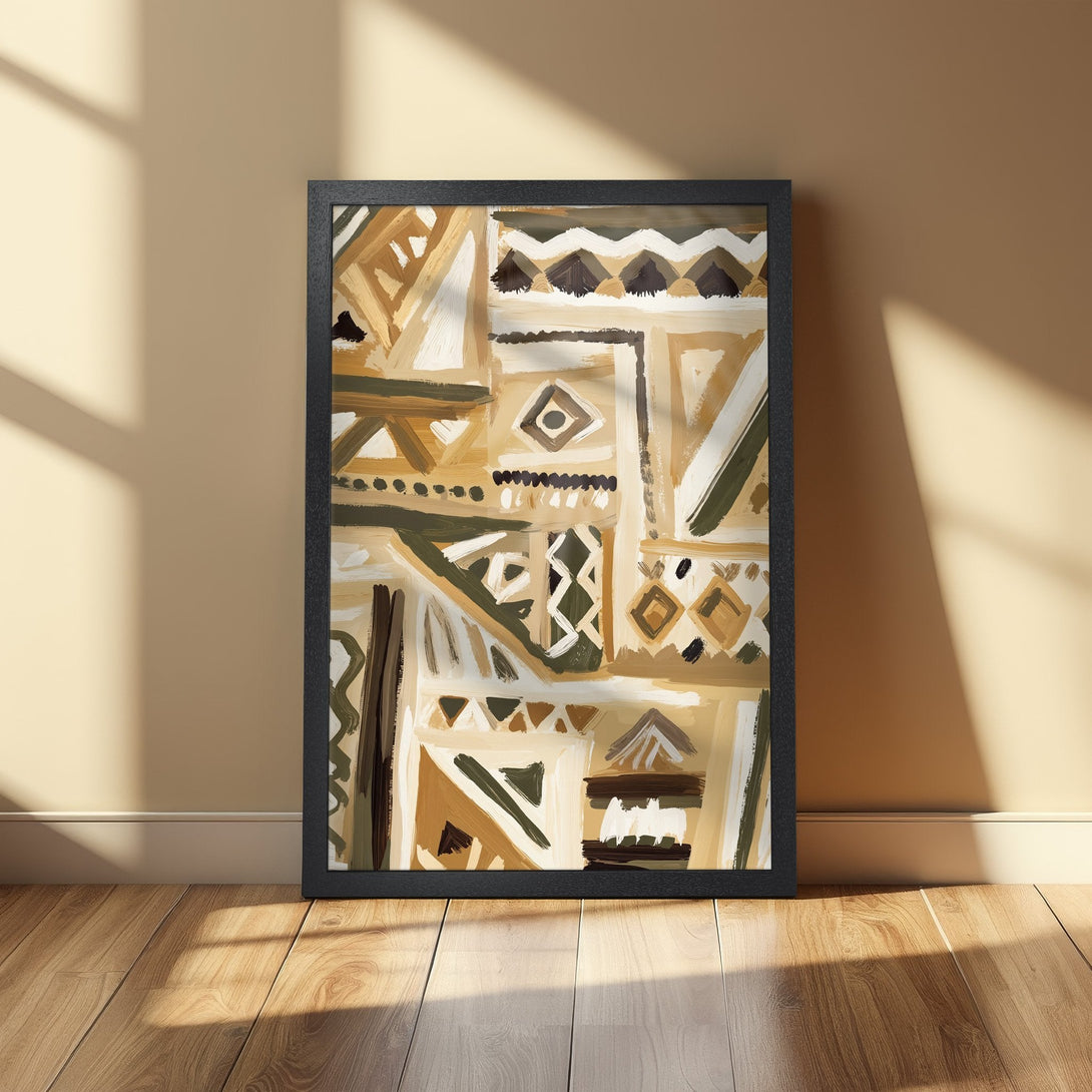 Framed Poster featuring abstract tribal art in earthy tones. Add a touch of modern style to your home with this unique poster!