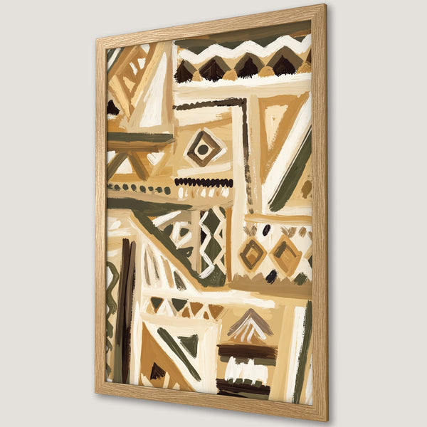 Framed Poster featuring abstract tribal art in earthy tones of brown, beige, and green. Modern wall art for your home decor.